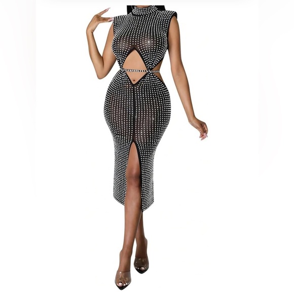 Sleeveless Mesh See-Through Rhinestone Studded Bodycon Midi Dress Size XXL - Picture 6 of 9